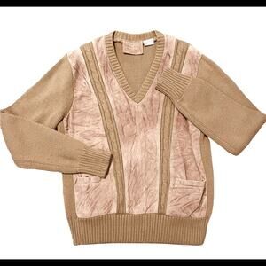 Vtg Western Boho Leather Front Coastal Cowgirl Pullover Grandpa Sweater Womens M